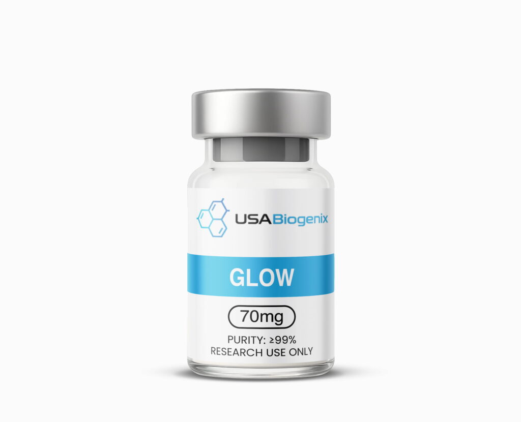 A vial of GLOW 70mg peptide by USA Chems.
