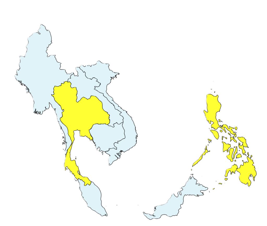 Map highlighting Southeast Asian countries in yellow.